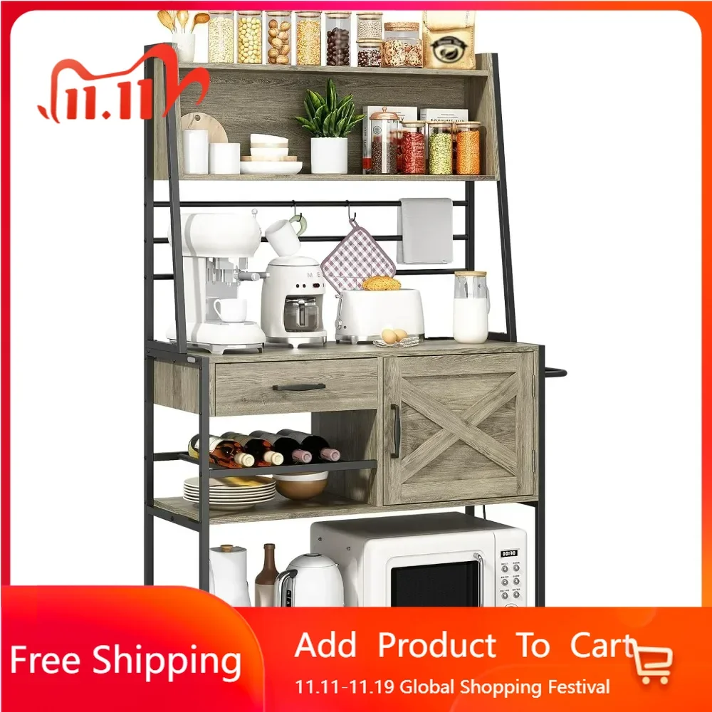 

Bakers Rack with Power Outlets, Kitchen Microwave Oven Stand with Shelves, Industrial Coffee Bar Station Table with Wine Rack