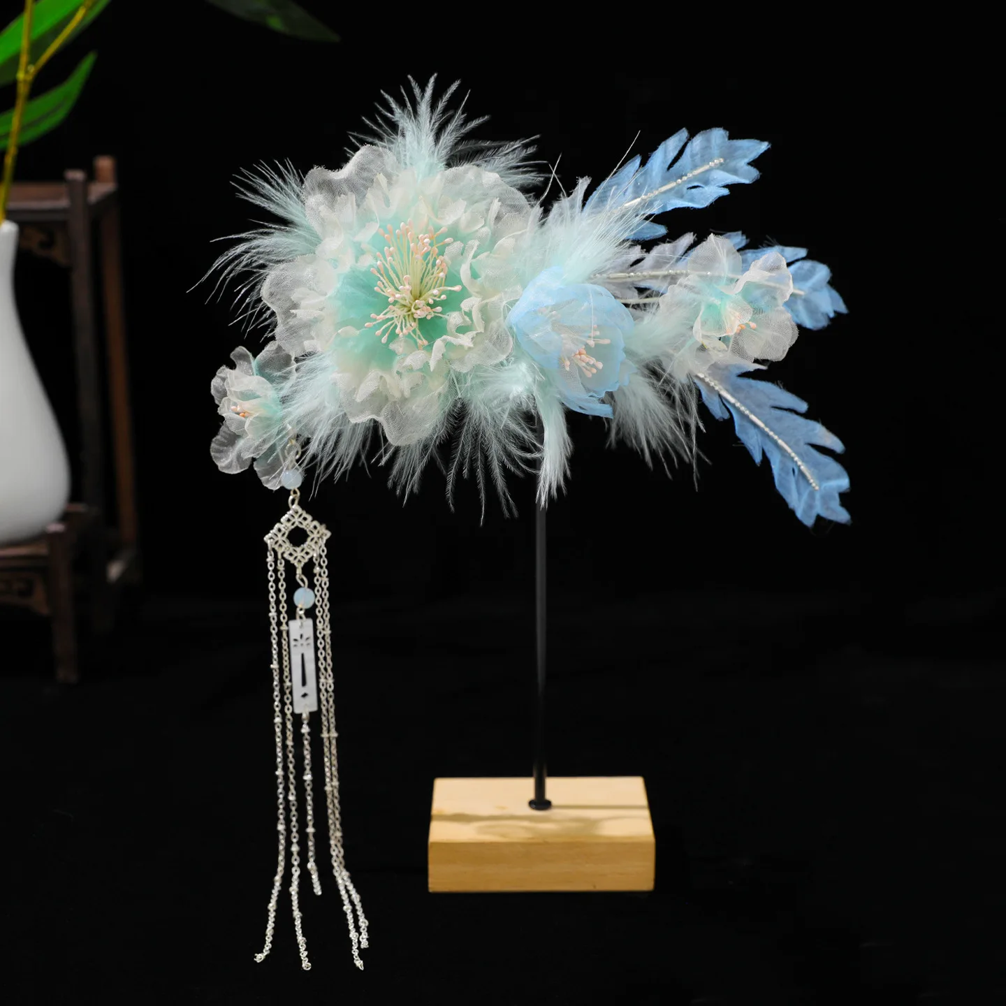2 Pcs Chinese Tang Dynasty Style Hanfu Hair Accessories Cyan Peacock Feather Handmade Hot Stamping Organza Flower Tassel Hair