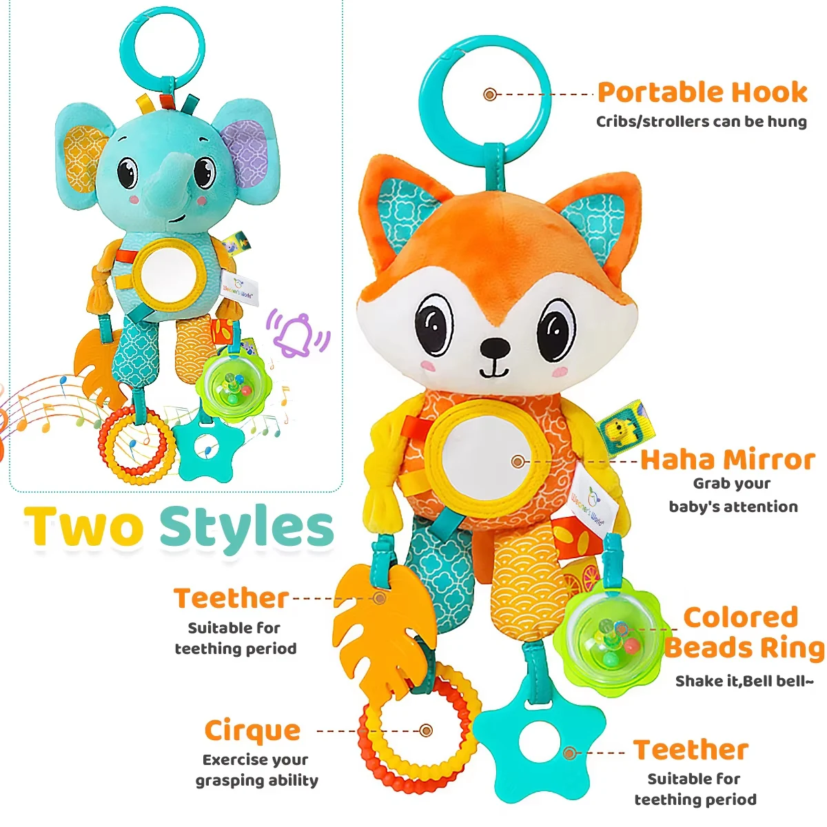 Soft Sensory Hanging Toy for Babies - Plush Animals with Rattle & Teether 4