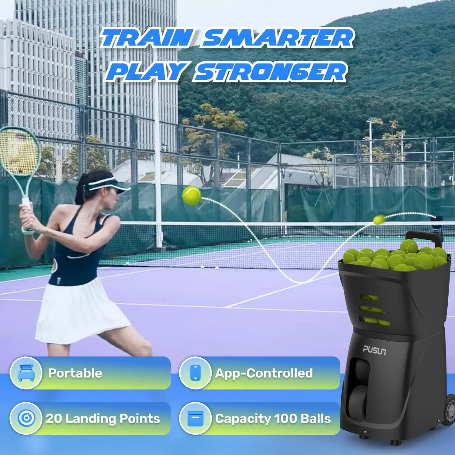 Smart Tennis Ball Machine | App Custom & AI Drill, 12-75mph, 100-Ball Capacity, 5H Battery, Portable For All Skill Levels