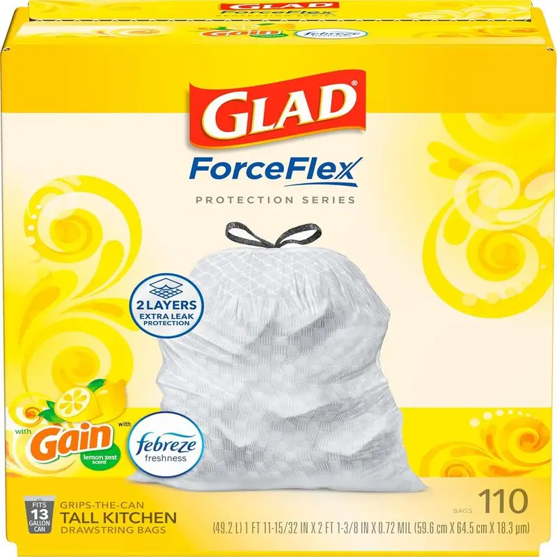 

Высокие кухонные мешки для мусора Glad ForceFlex, 13 галлонов, Gain Lemon Zest, 110 шт. (упаковка может иметь в упаковке)