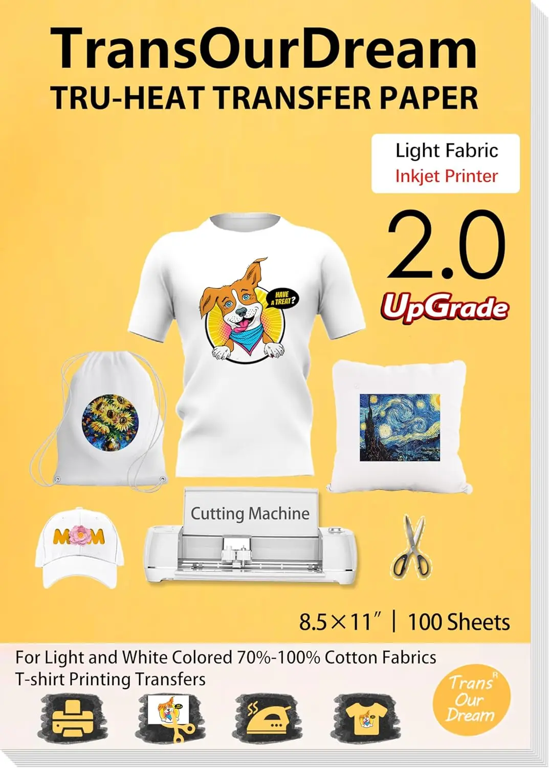 

Upgraded Heat Transfer Paper for T-Shirts - 100 Sheets, 8.5x11", Inkjet Printer Iron-On for Light Fabric