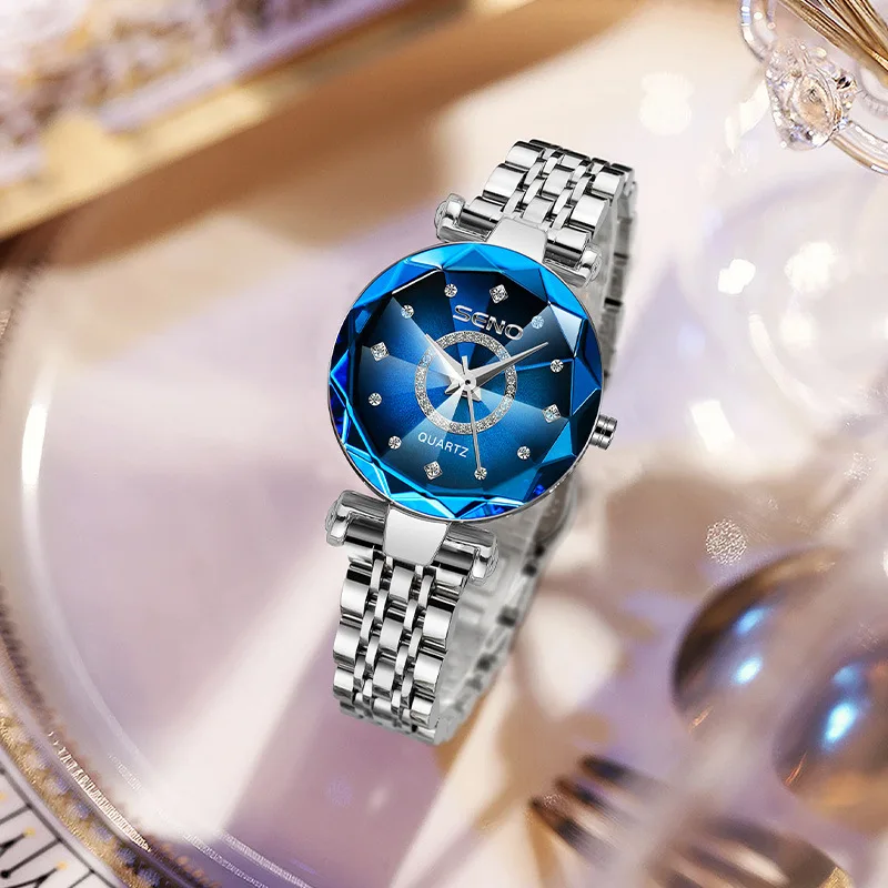 Heart of the Ocean Light Luxury Watch Diamond Brilliant Multi-faceted Glass Solid Steel Band นาฬิกากันน้ําสําหรับผู้หญิง