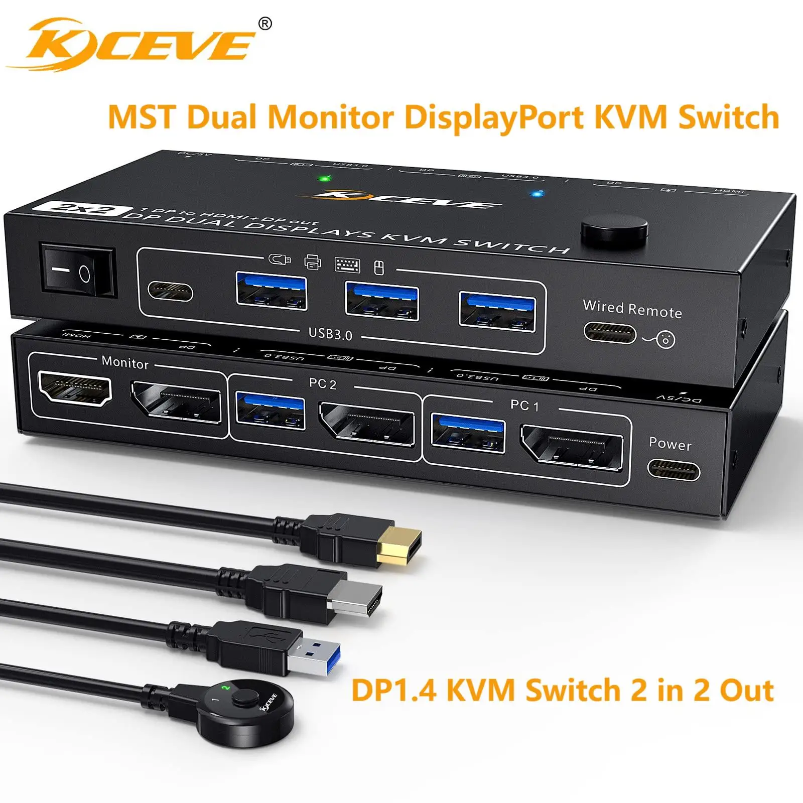 MST Dual Monitor DisplayPort 1.4 KVM Switch 4K@60Hz for 2 Computers,KCEVE DP 1.4 KVM Switch 2 in 2 Out(DP+HDMI)Keyboard Mouse