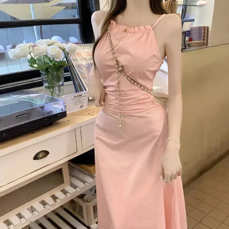 

French Style Halter Neck Waist-Exposing Pink Strap Dress for Women Summer New Beach Vacation PetiteALong Skirt