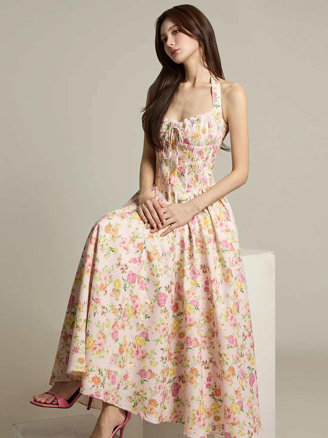 

Ele High Waist Floral Print Dr with Ba And Chest Tie Spring Summer New Sle Thin Polyester Fabric Ci Commute Suit...