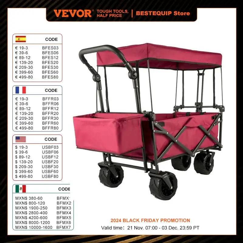 VEVOR 7In Wheel Folding Wagon Cart 220.5 Capacity W/ Adjustable Handle Pull Oxford Cloth Collapsible Outdoor Garden Trolley Cart