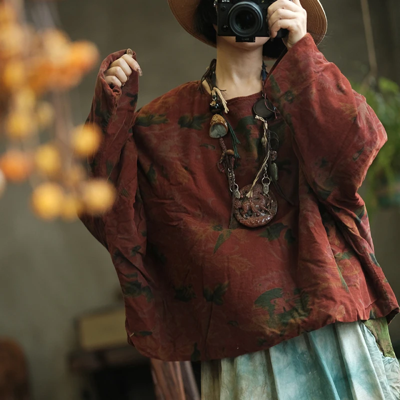 

Женские повседневные стеганые пальто из 100% хлопка, Новое поступление, осень 2022, винтажный стиль, свободные женские пуловеры с круглым вырезом и цветочным принтом M1942