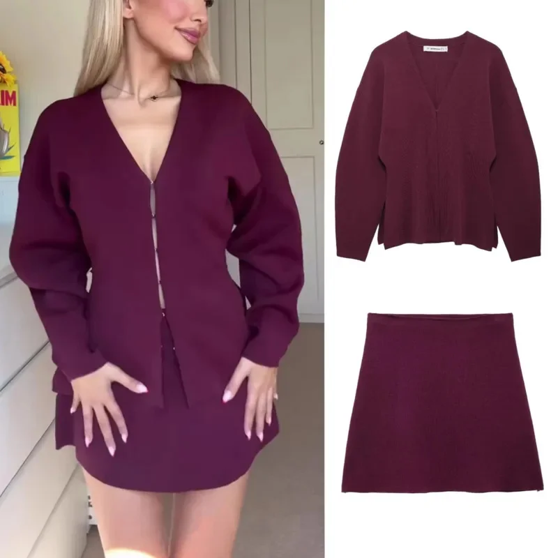 Vintage Claret Women Knit Skirt Suit V-Neck Long Sleeve Loose Cardigans A-Line Mini Skirt Fashion 2024 Autumn Winter Outfits Set