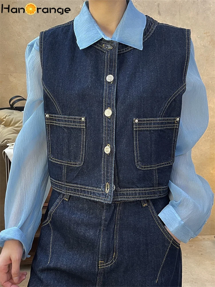 HanOrange 2026 Spring Fashion Woman Denim Vest Cowgirl Collarless Cropped Jacket Sleeveless Female Vintage Women's Clothes