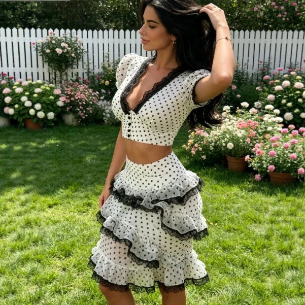 Beach Dot Lace Cascading Ruffle Women set Sexy V-neck Tank Top Hip Package Skirts 2026 Spring Summer Fashion Lady Outfit