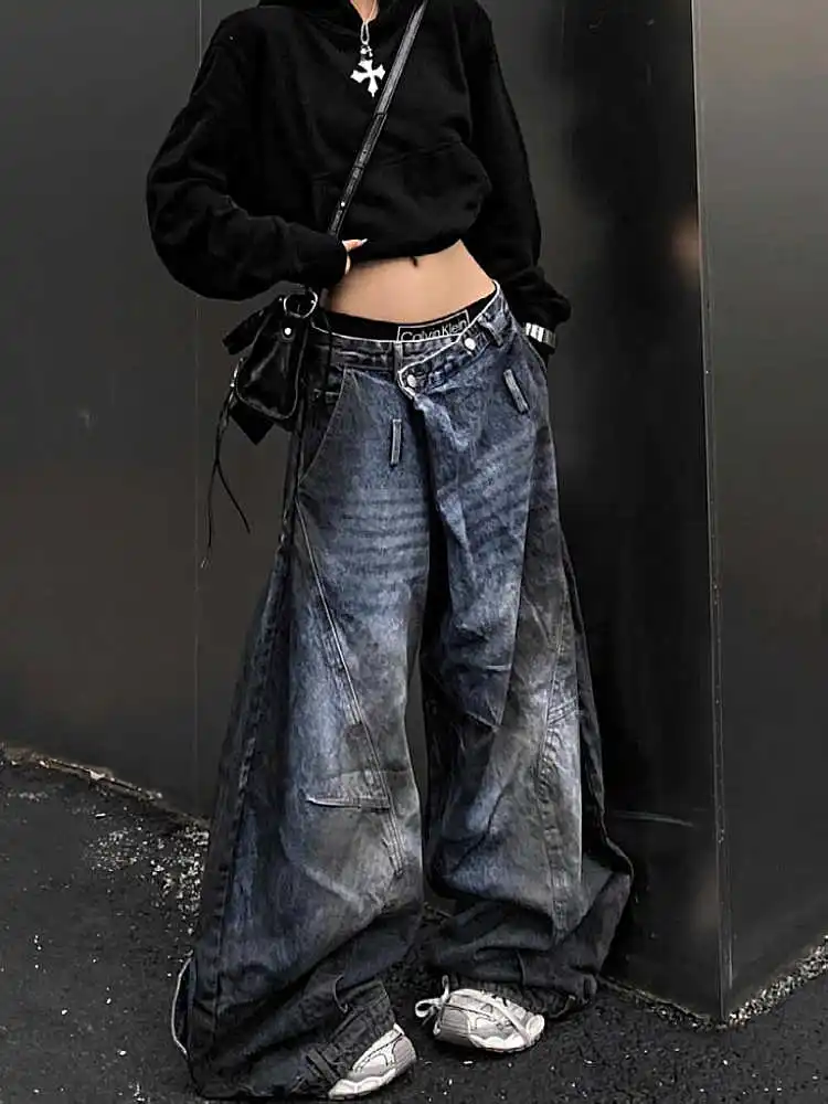 Blue Women Jeans High Waist Vintage Straight Baggy Denim Pants Streetwear Y2K American Style Fashion Wide Leg Denim Trouser