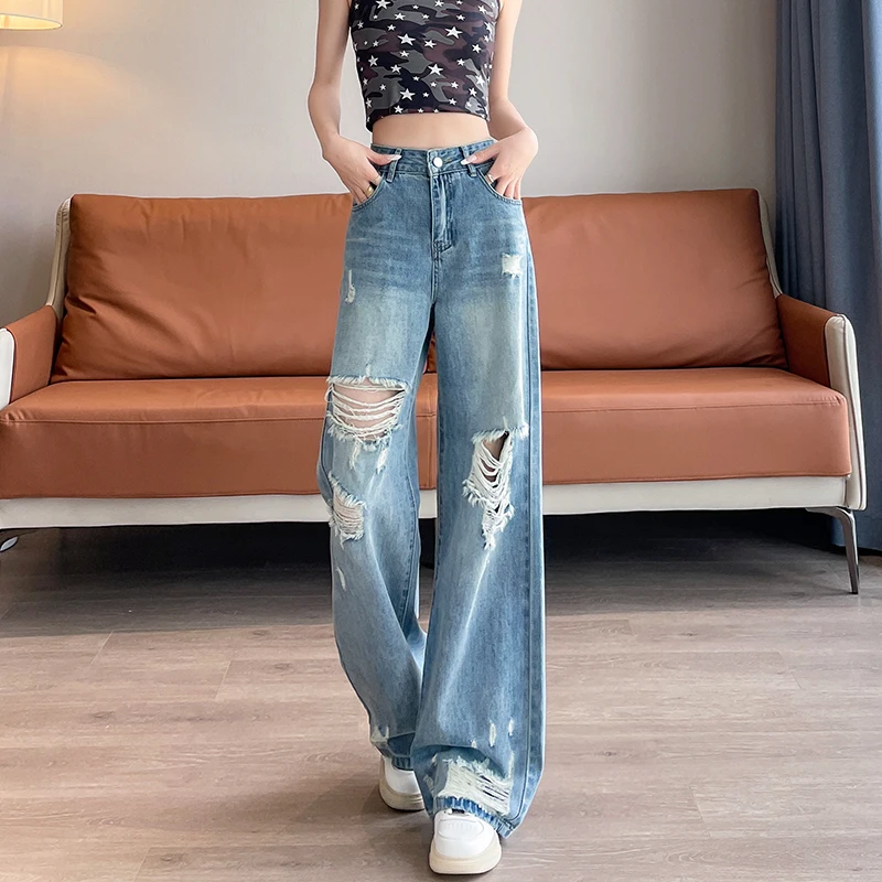 

American Style Women Ripped Hole Jeans High Waist Casual Loose Wide Leg Denim Pants Straight Trousers Female Street wear