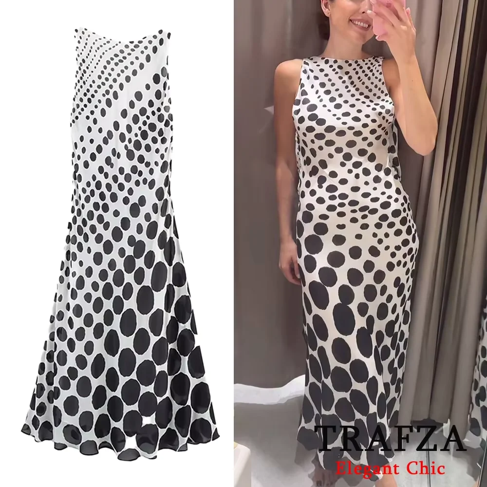 

TRAFZA Women Elegant Polka Dot Dress Sleeveless Backless Long Dress New Spring Summer Fashion Party Beach Holiday Mujer Dress