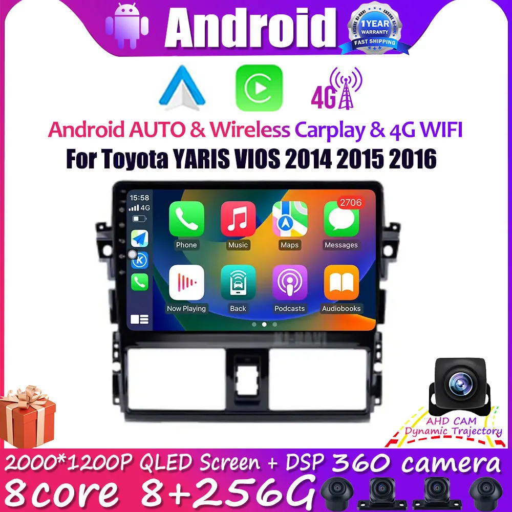 

Автомобильное радио Android 14, для Toyota YARIS VIOS 2014 2015 2016, мультимедийная GPS-навигация, беспроводной Carplay Android Auto DSP IPS