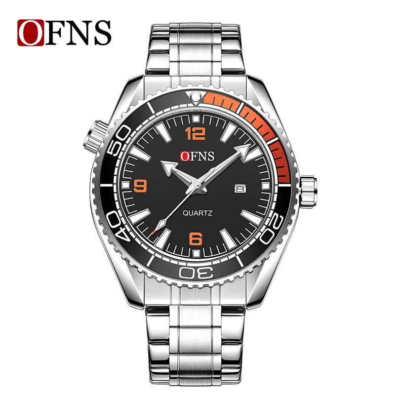 OFNS Fashion Business Leisure Men's Quartz Watch Calendar 3ATM Waterproof 3D Luminous Gear Crown Rotating bezel