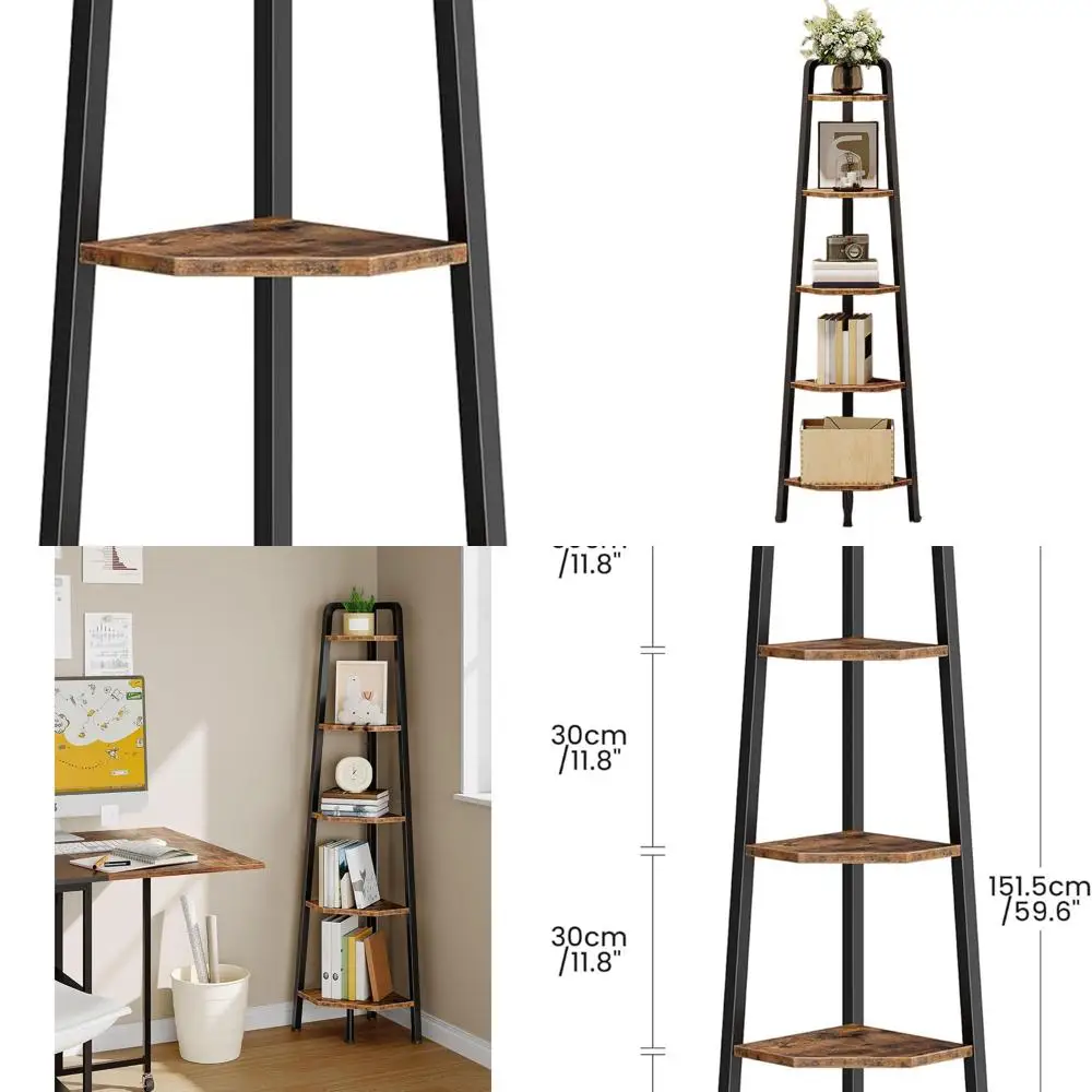 

5-Tier Corner Ladder Bookshelf, 59.6 Metal Frame Display Stand, Rustic Brown & Black for Home Use