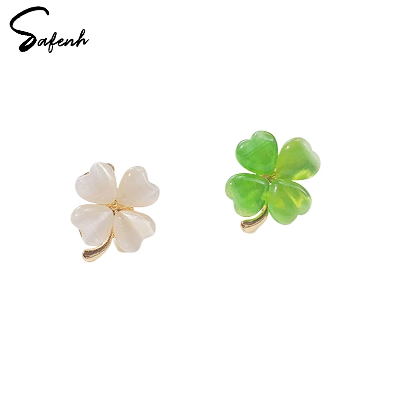 1Pcs Fashion Elegant Luxurious Four Leaf Clover Opal Stud Earrings For Women White Green Colour Earring Party Jewelry Gift