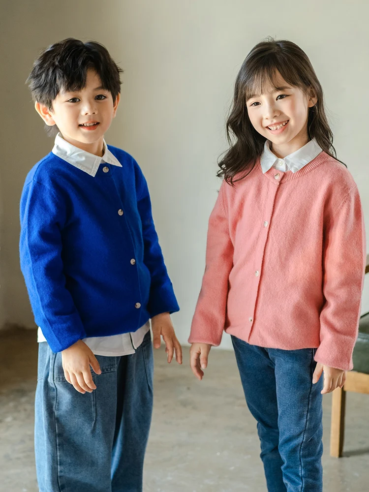 Children's Autumn Winter Pure Wool O-neck Cardigan Boys Girls Kid 100% Au Merino Solid Color Sweater Teenager Knitwear Tops