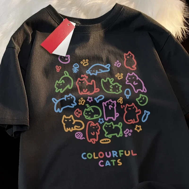 Colorful Cat Baby Pure Trendy Summer Short Sleeved T-shirt Women Original Colorful Cat Pose Cute Tees Couple women harajuku