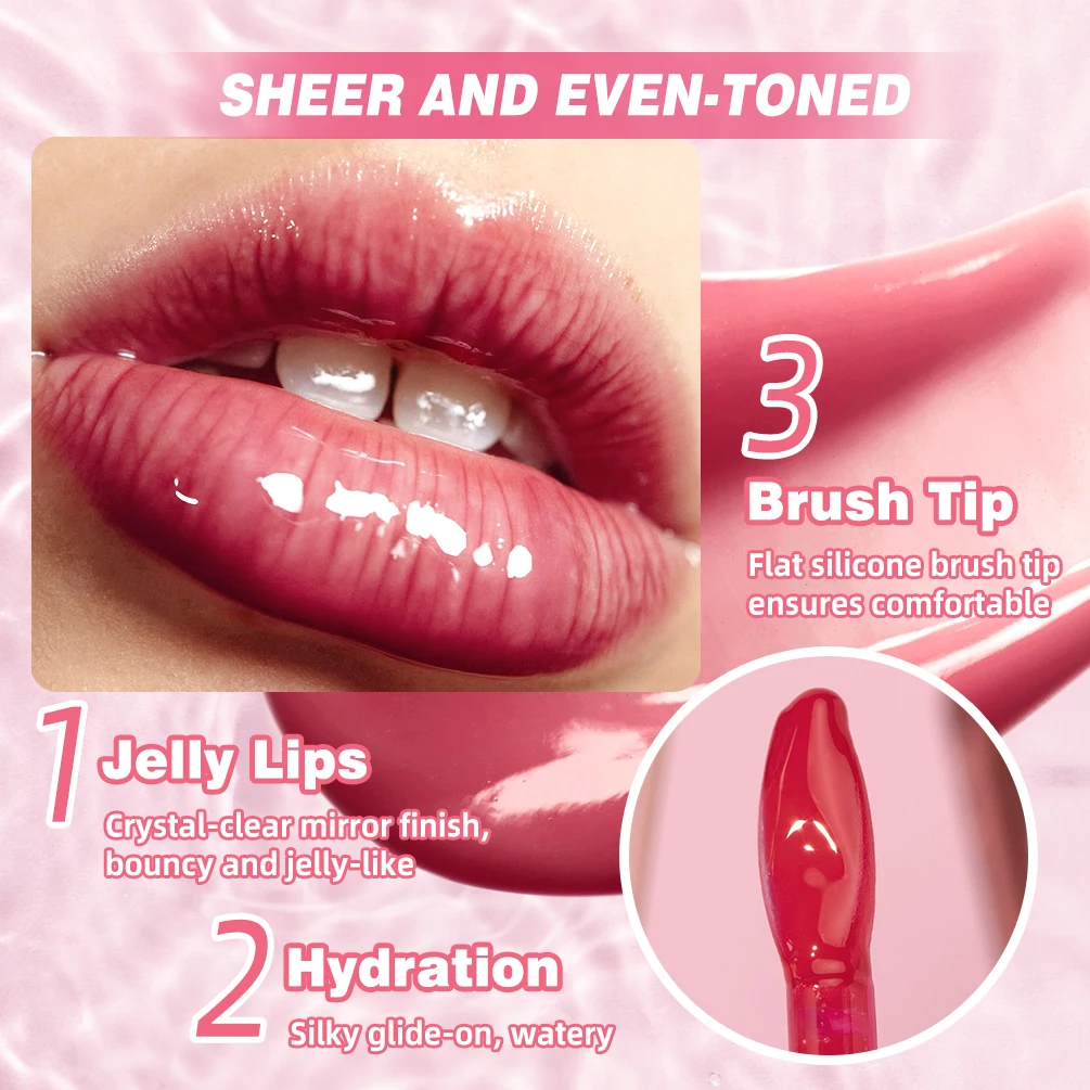 QIBEST Mirror Pearl Jelly Lipgloss Moisturizing Lasting Lipstick Hydrating Lightweight Lip Glaze Jelly Pout Lip Tint Cosmetics