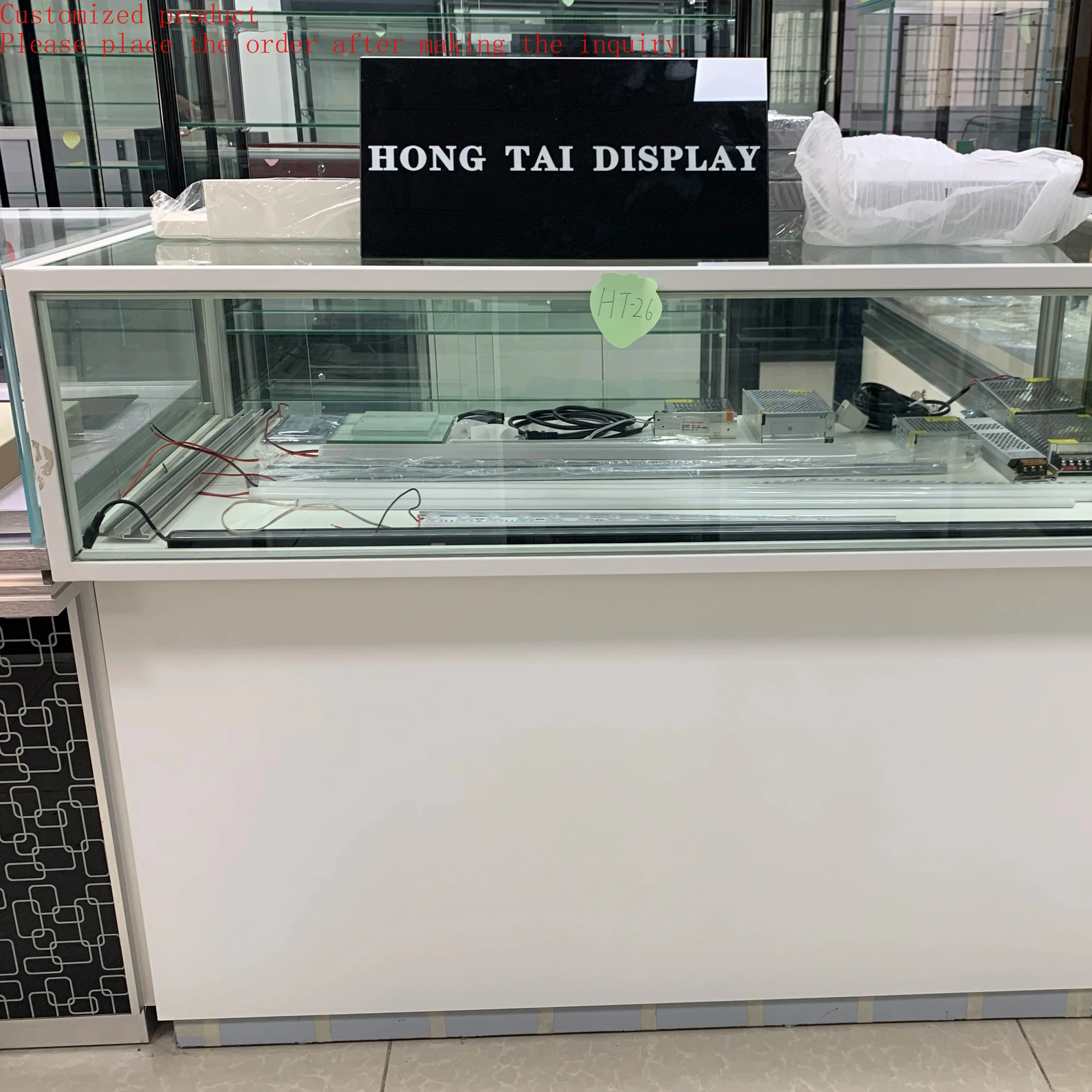 

Custom.Hot Sales Marble Color Jewelry Counter Display With Glass Drawer Sliding Doors LED Light for Produce
