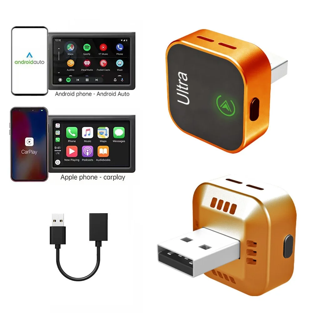 2 in 1 Upgraded Orange Carplay Box for Android Auto 2-in-1 Wired to Wireless Car Plug & Play for Wired Carplay New 2026