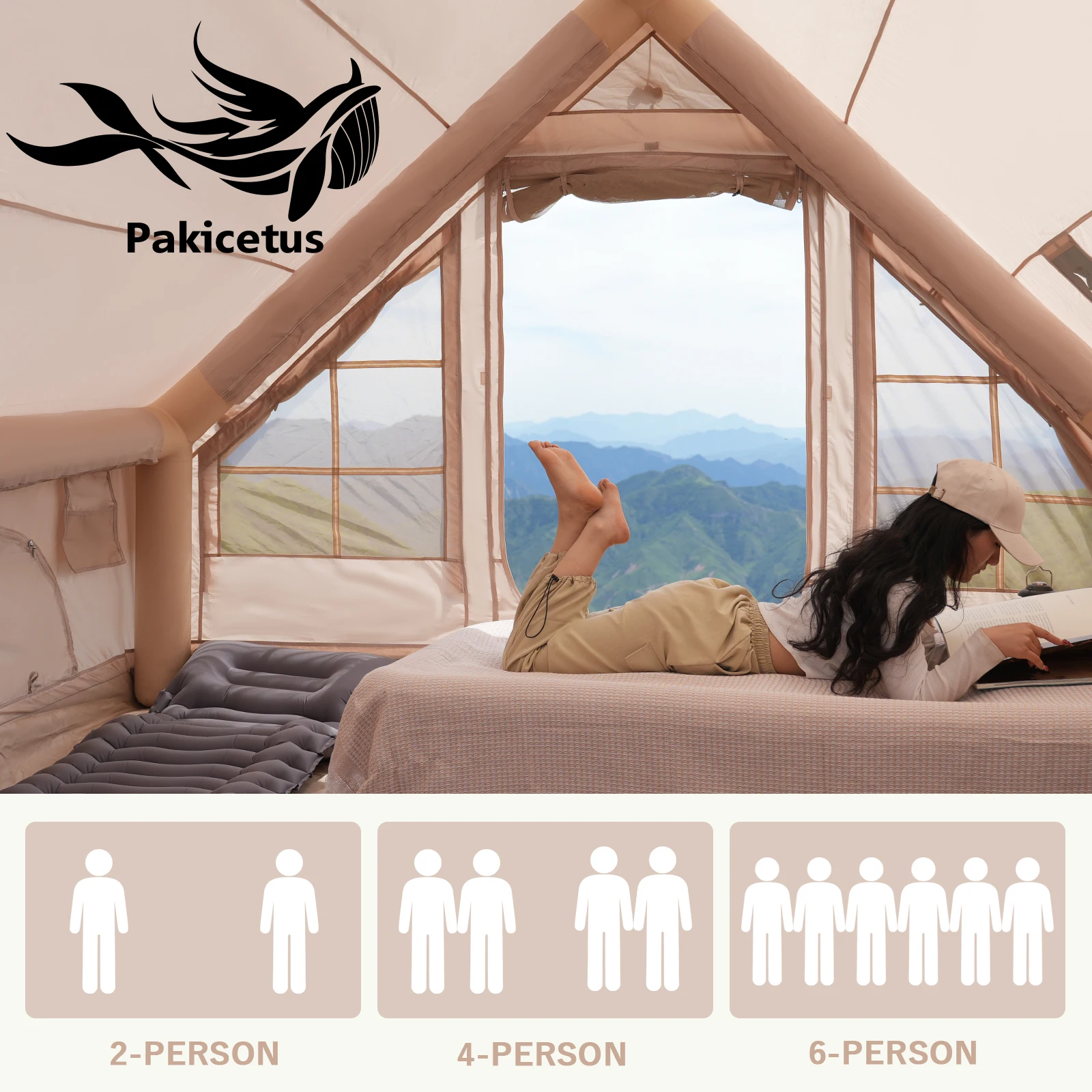 Outdoor Adventure Tent - PAKICETUS Großes Luxus-Aufblaszelt mit Manueller Handpumpe,
