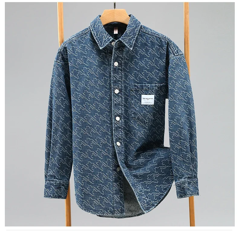 ربيع الخريف رجالي كم طويل قمصان جينز اليابانية الشارع الشهير الرجال جان القمم عادية النسيج قميص مطبوع الشباب فضفاض Overshirt