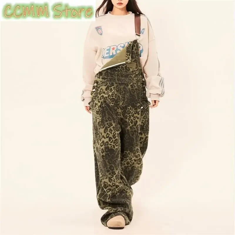 Women's Leopard Print Pattern Vintage Suspender Jumpsuit Wide Leg Pants Streetwear Rompers Female Retro Casual Straight Trouser