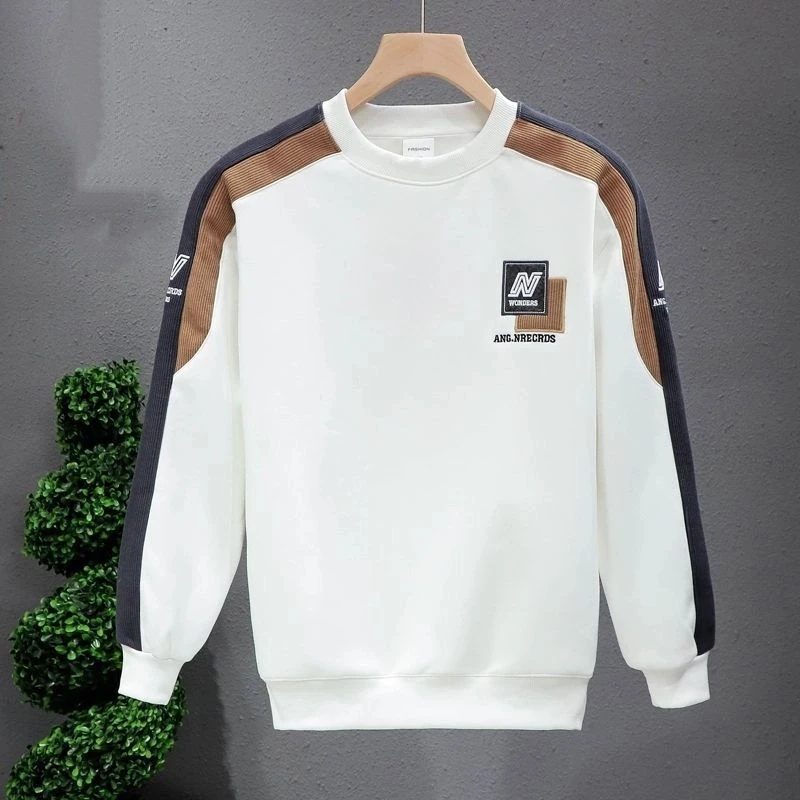 

Men Clothes Embroidery Contrast Patchwork Trend Hoodies Sweatshirts Spring Autumn Long Sleeve Loose Vintage Tops Fashion Casual