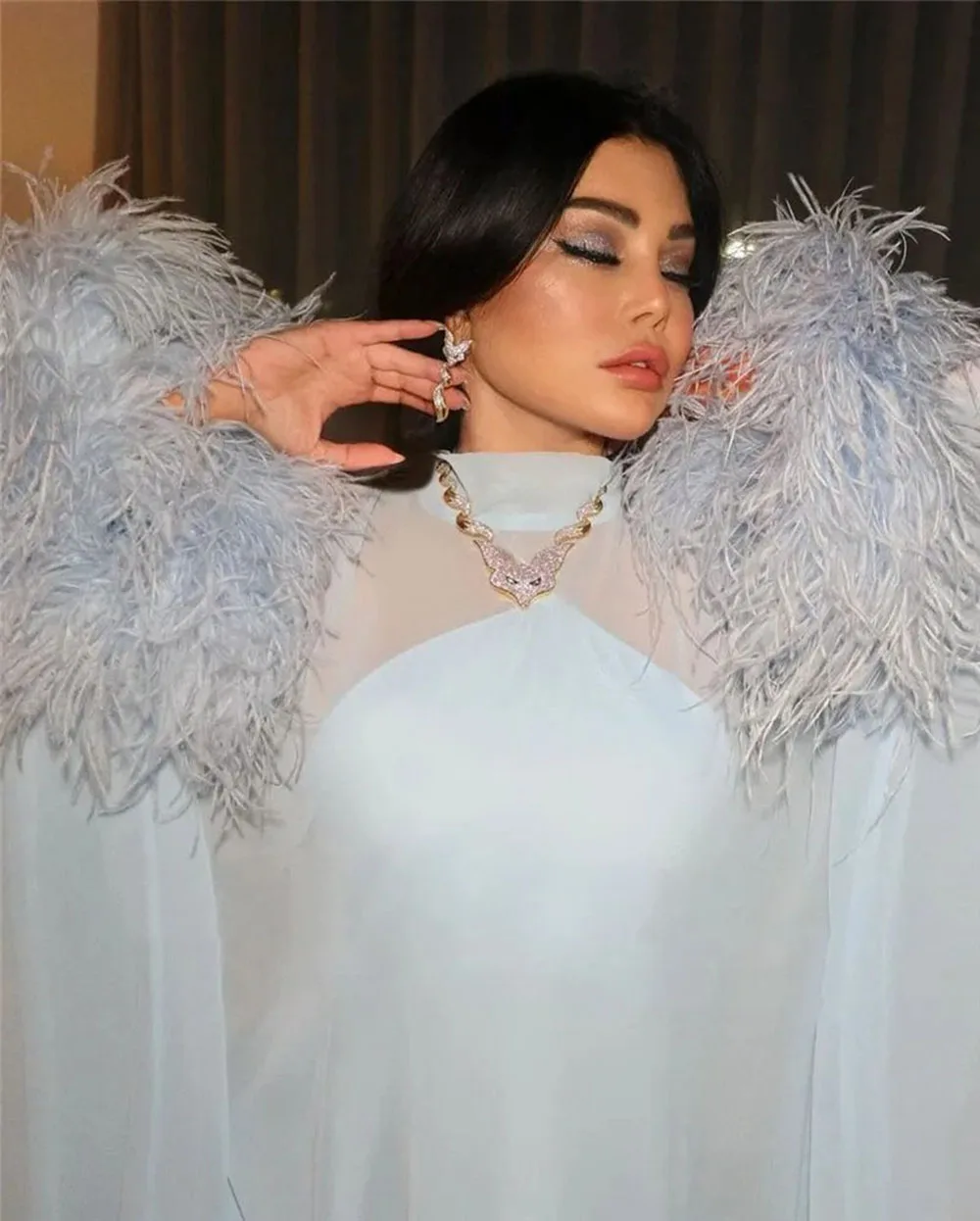 Luxury Evening Dresses For Women Feathers High Neck Special Occasion Dress Arabic Chiffon Night Party Gown Prom Dress Customized