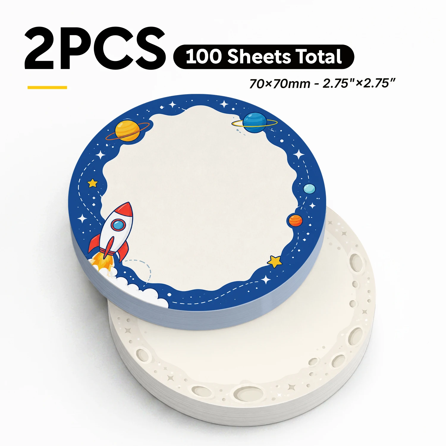 2PCS Space Rocket Self Adhesive Sticky Notes 100 Sheets Planet Moon Star Round Memo Pads Galaxy Theme Office Stationery