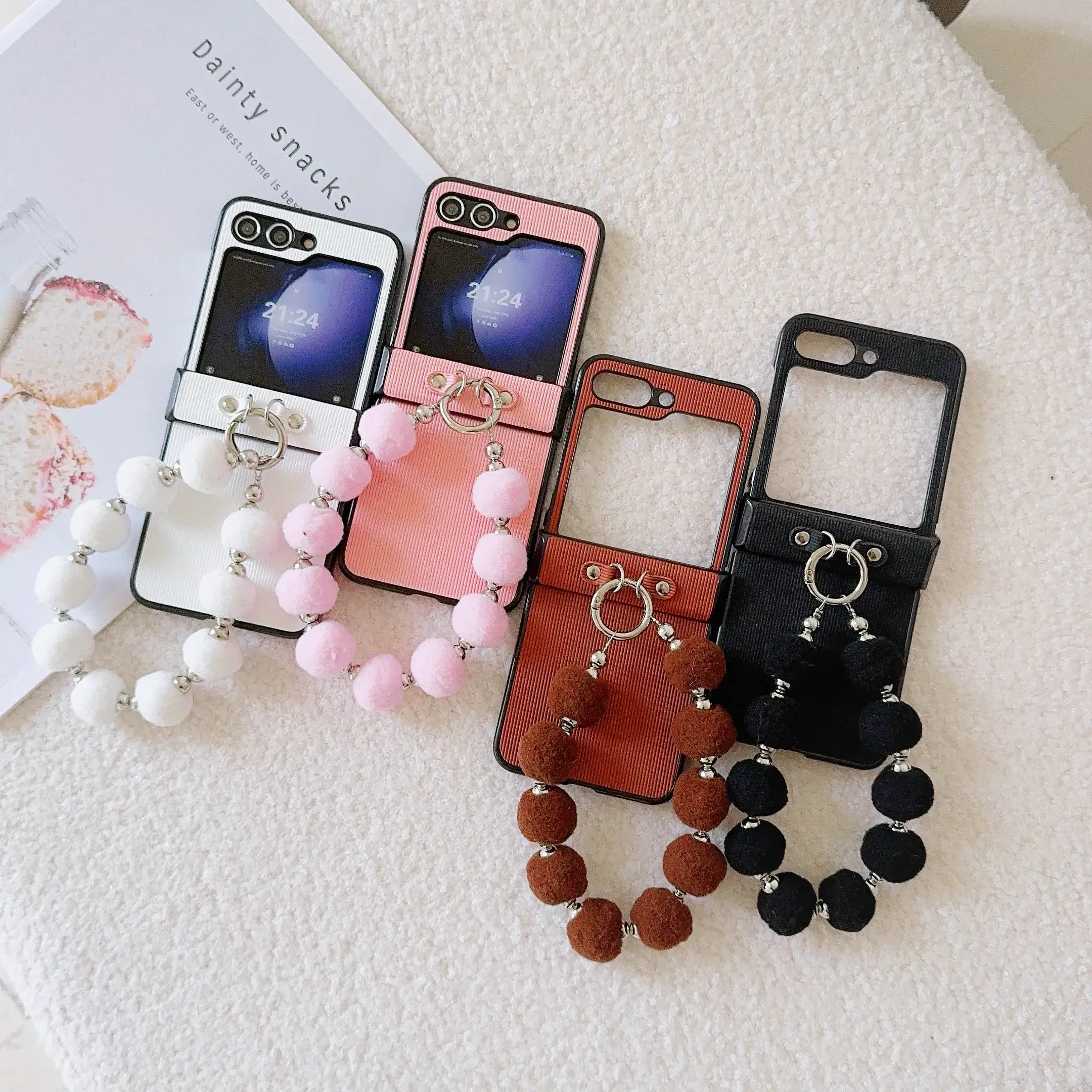 PU Leather Wrist Strap Cute Bobbles Phone Case for Samsung Galaxy Z Flip 6 5 4 3 5G Hinge Protection Shockproof Cover