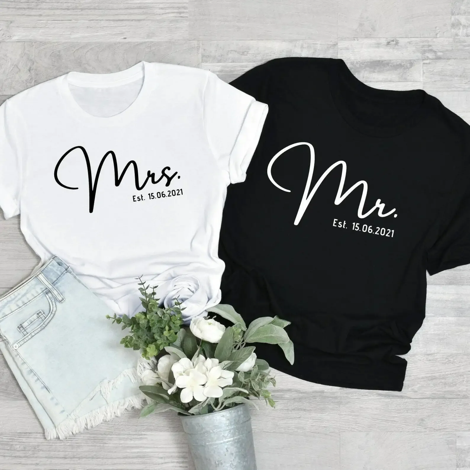 Mr and Mrs T shirt Wedding Wifey And Hubby Top Just Married Shirt Couple Tops TE