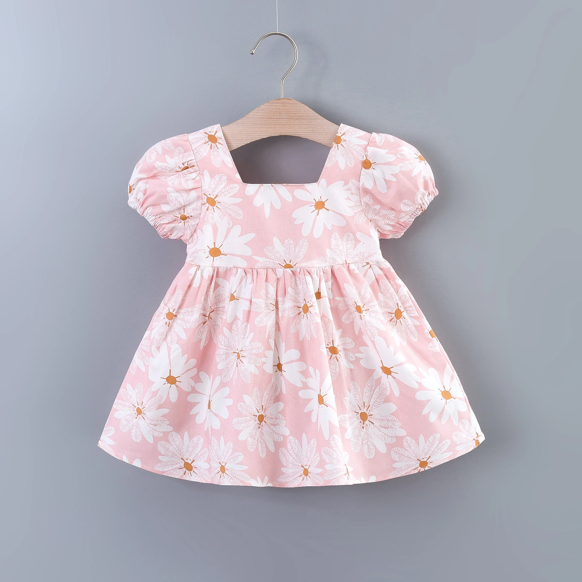 Baby Girls Casual Floral Graphic Print Puff Sleeve Bowknot Back Dress Clothes For Summer