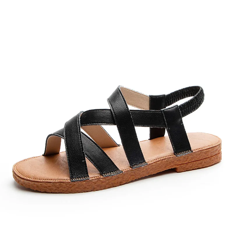 DRKANOL 2024 Cross Cowhide Open Toe Sandals Women Summer Soft Lightweight Flat Heel Back Strap Roman Sandals Big Size 41 42 43