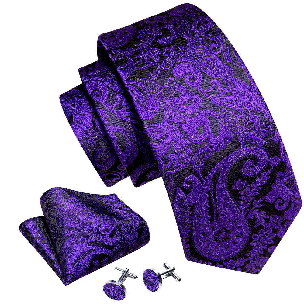 Hot Selling Purple Men Ties Silk Paisley Pocket Square Cufflinks Sets Exquisite Woven Neckties Business Party Barry.Wang 6607