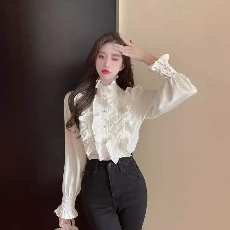 

Women's Long Sleeved 2025 Spring Autumn New Style Palace Retro Cardigan with Ruffle Edge Chiffon Shirt Elegant Inner Top
