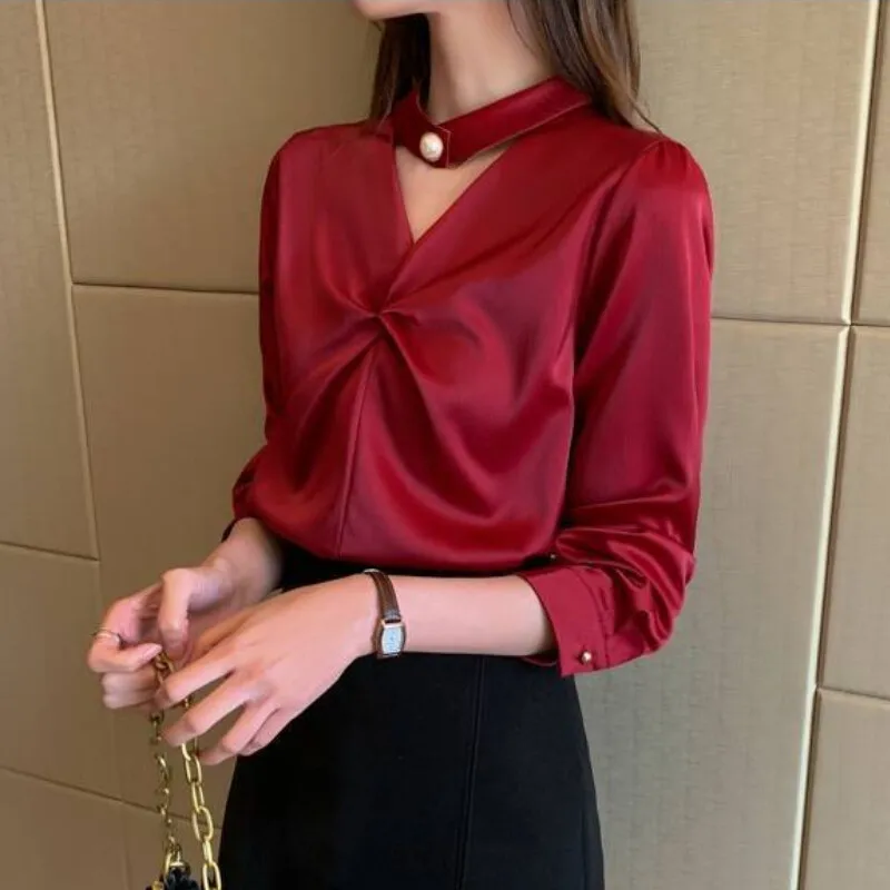 Red Blouse Women Long Sleeve Satin Shirt Korean Style Fashion Simple Loose Office Tops 2023