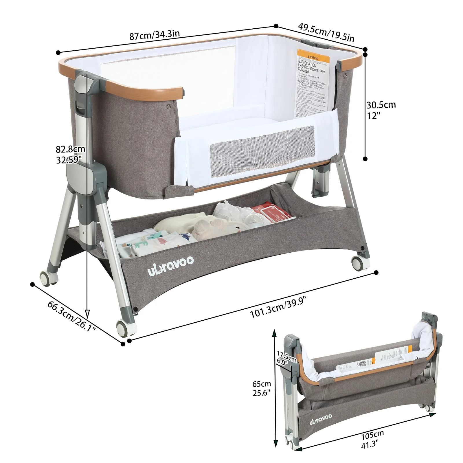 Ubravoo-cunas plegables para cabecera de bebé, cunas ajustables portátiles para recién nacidos, niñas y niños (gris)