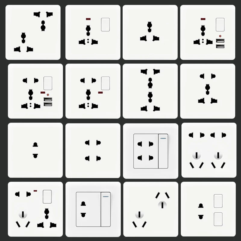 86 Type Universal Ten Holes 1Gang Multifunctional Three Eight Holes High Power 16A White Southeast Asian Wall Switch Socket