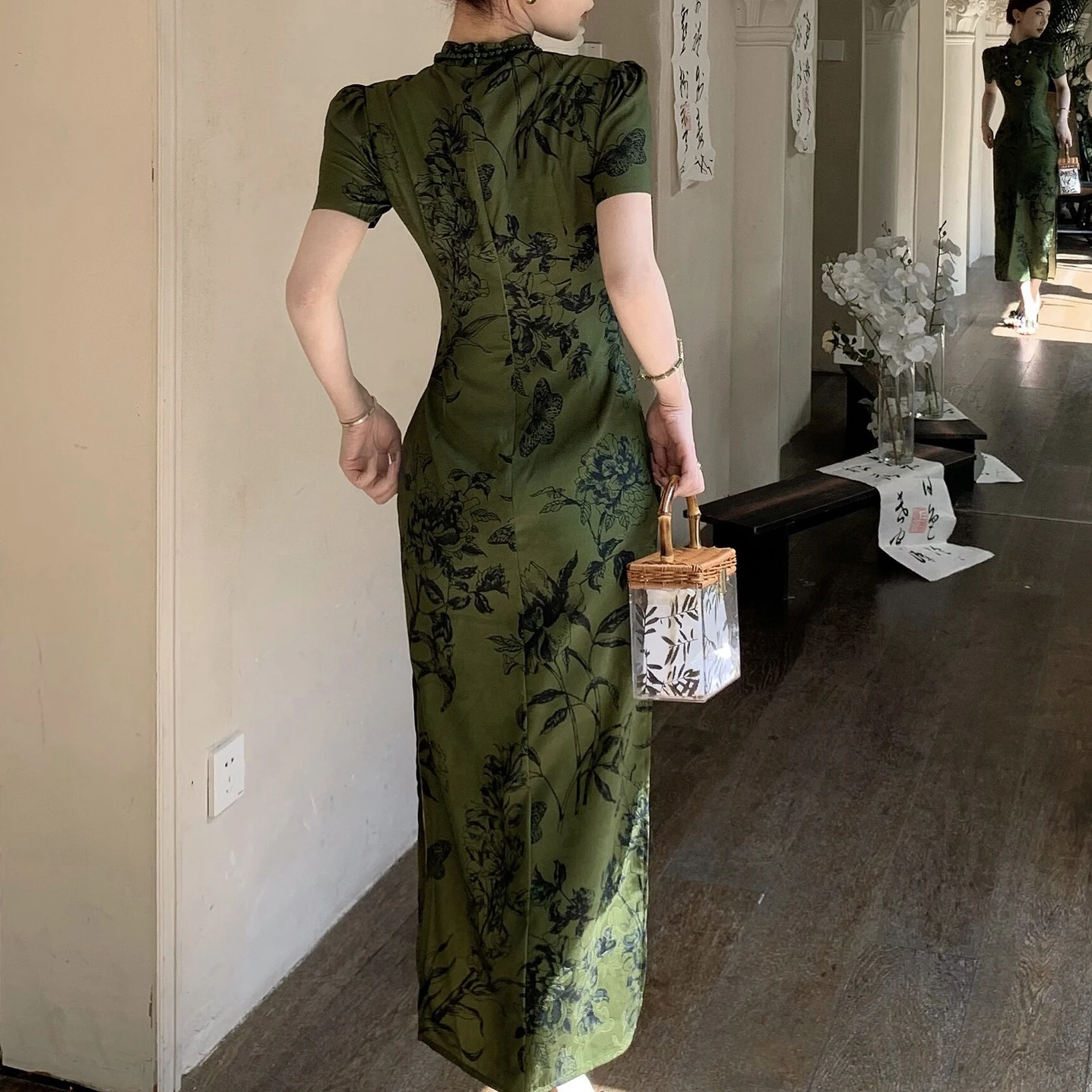 Green Improved Cheongsam Women Sexy Short Sleeve Qipao New Chinese Style Dress Summer New Vestidos Print Chinese Dresses Qipao