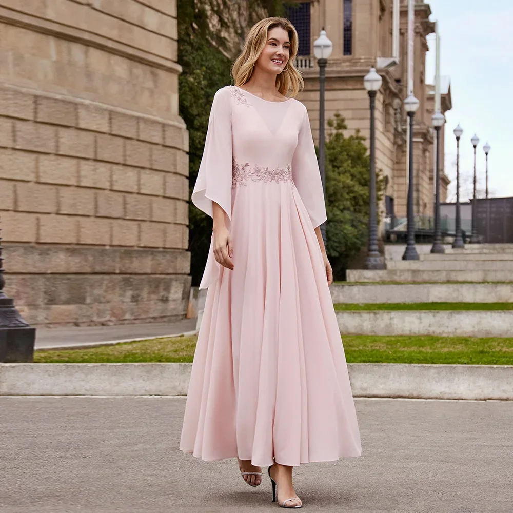 

2023 Moden A-Line Ankle-Length Chiffon Pink Mother of the Bride Dresses Jewel Neck 3/4 Sleeves Appliques Wedding Party Gowns