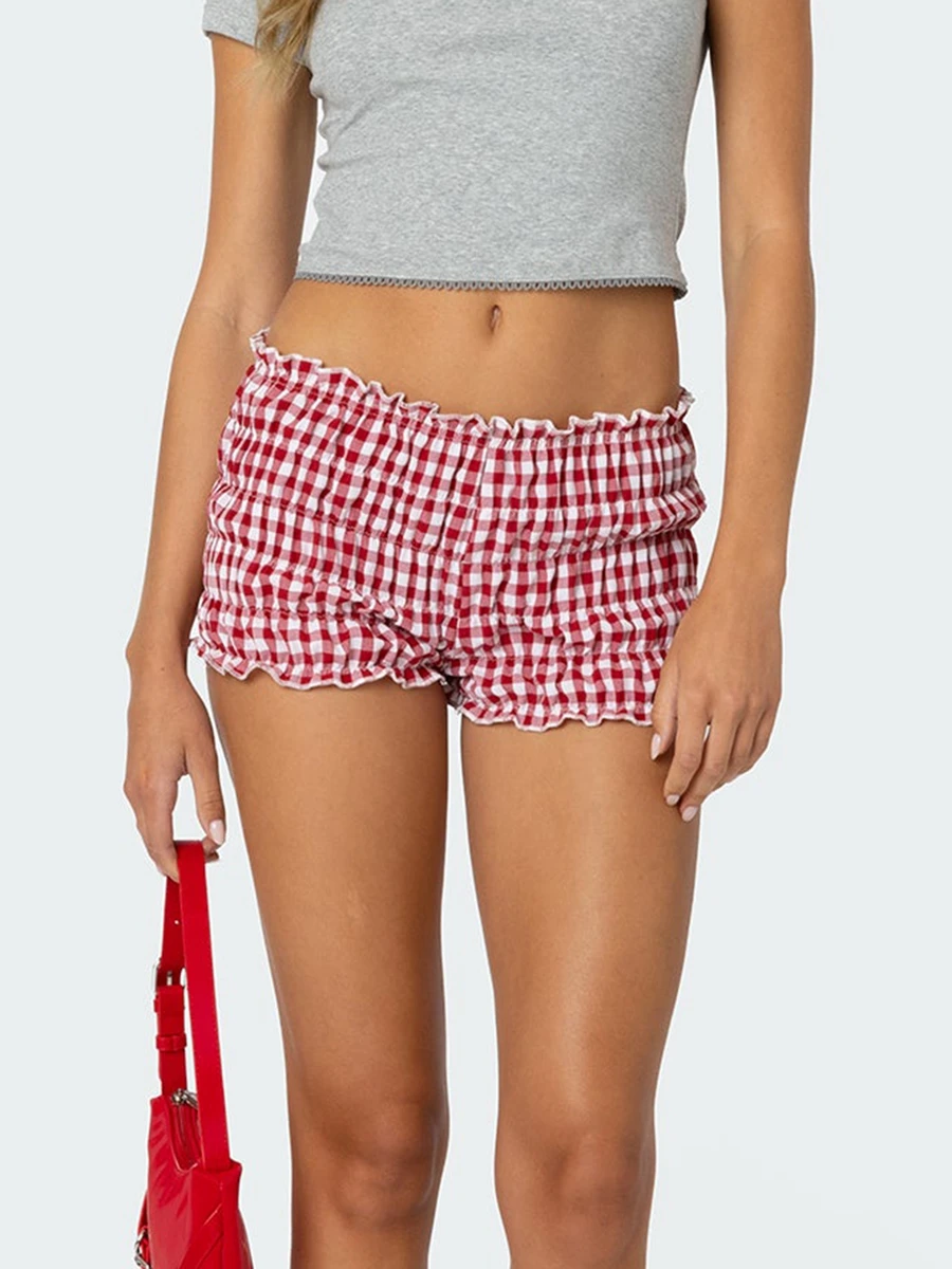 Dames Y2 K Gingham Boy Shorts Met Ruches En Ruches Shorts Met Ruches Gesmokt Korte Broek Laagbouw Micro Short Plaid Pj Broekje