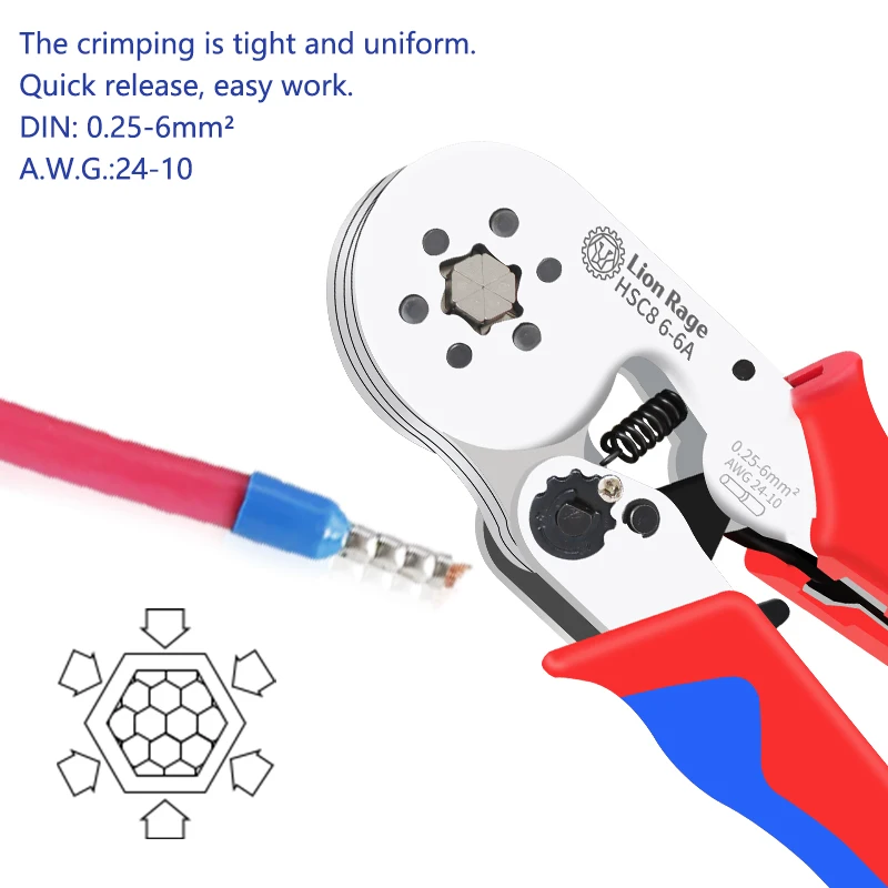 Wire clamp crimping tool HSC8 6-6 0.25-6.0mm ² AWG24-10 Hexagon Ferrule Crimping Tool Self Adjusting Ratchet Crimping Tool