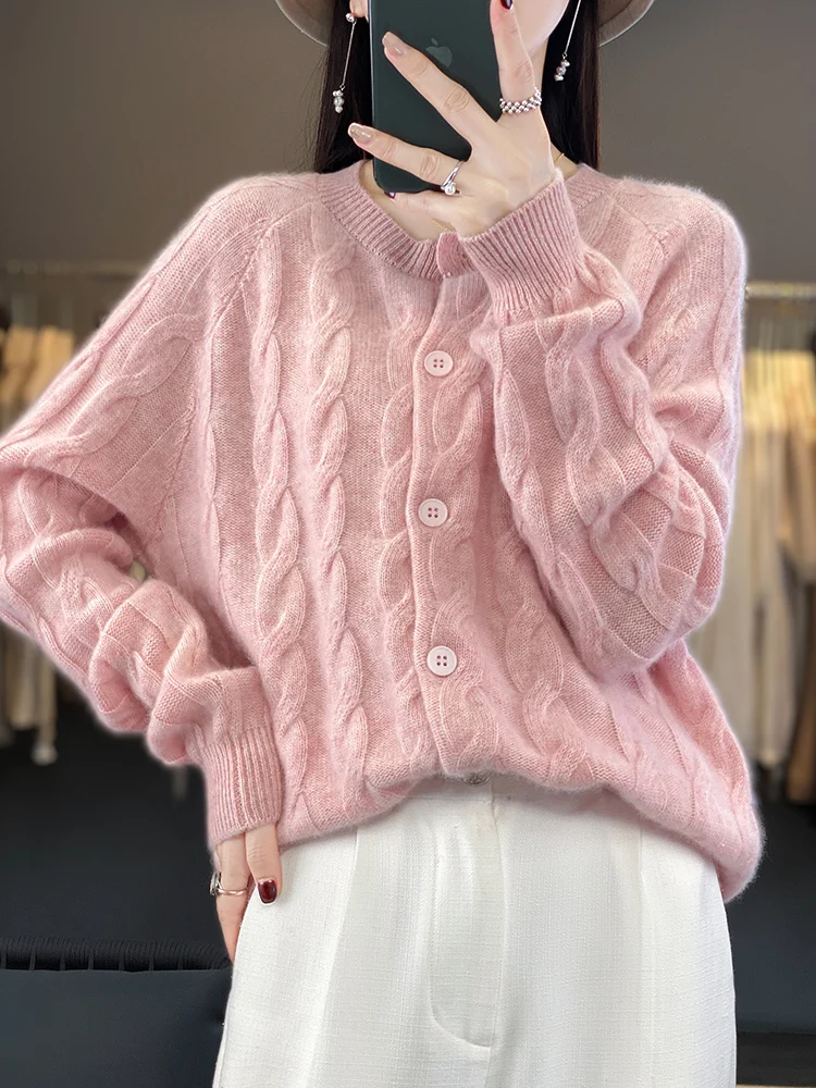 

New Women Cashmere Sweater Autumn Winter Thick Button Cardigan 100% Merino Wool Twist Flower O-Neck Knitwear Female Grace Top