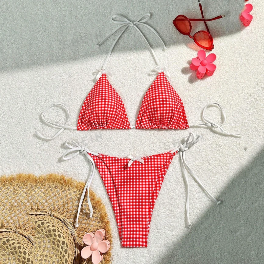 Red Plaid String Halter Micro Bikini for Women Thong Mini Swimwear Lace-up Sexy Swimsuit Bathing Suit Triangle Bikinis Sets 2024