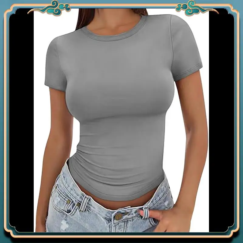 

ABMV-женские базовые футболки, укороченная футболка с короткими рукавами Y2k, милая модная одежда для спортзала и тренировок