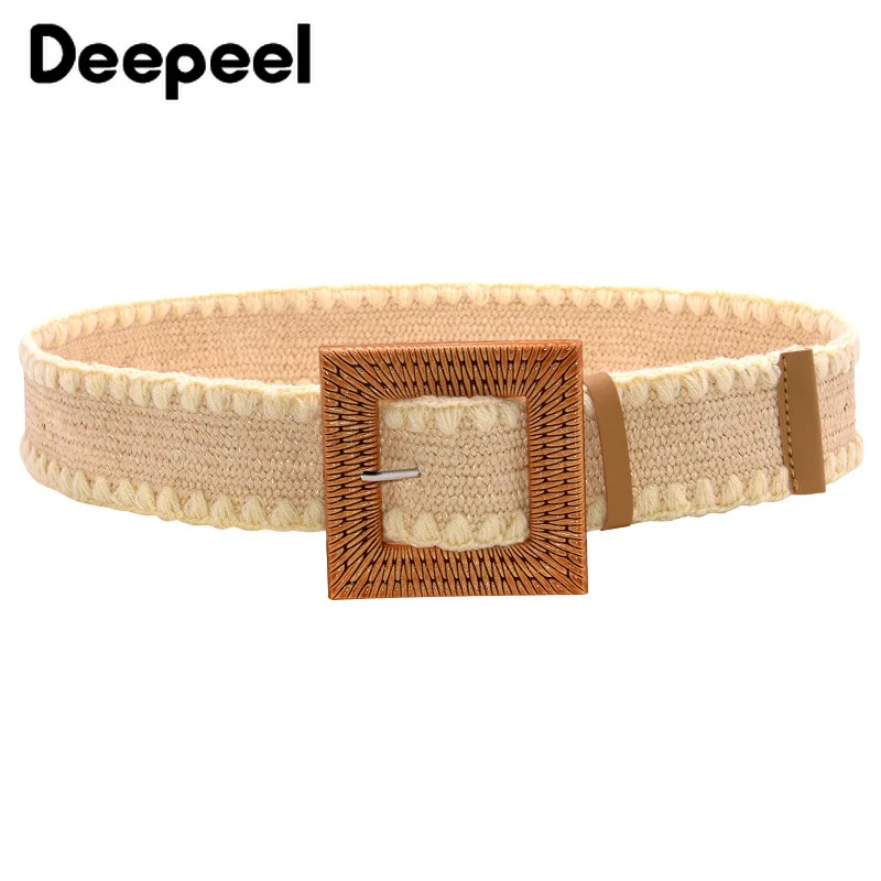 Deepeel 5x100 ซม.VINTAGE Boho เข็มขัดถักผู้หญิงลูกไม้กว้าง Girdle ไม้หัวเข็มขัดฟางปลอมตกแต่งเข็มขัดสําหรับเสื้อ Cummerbunds